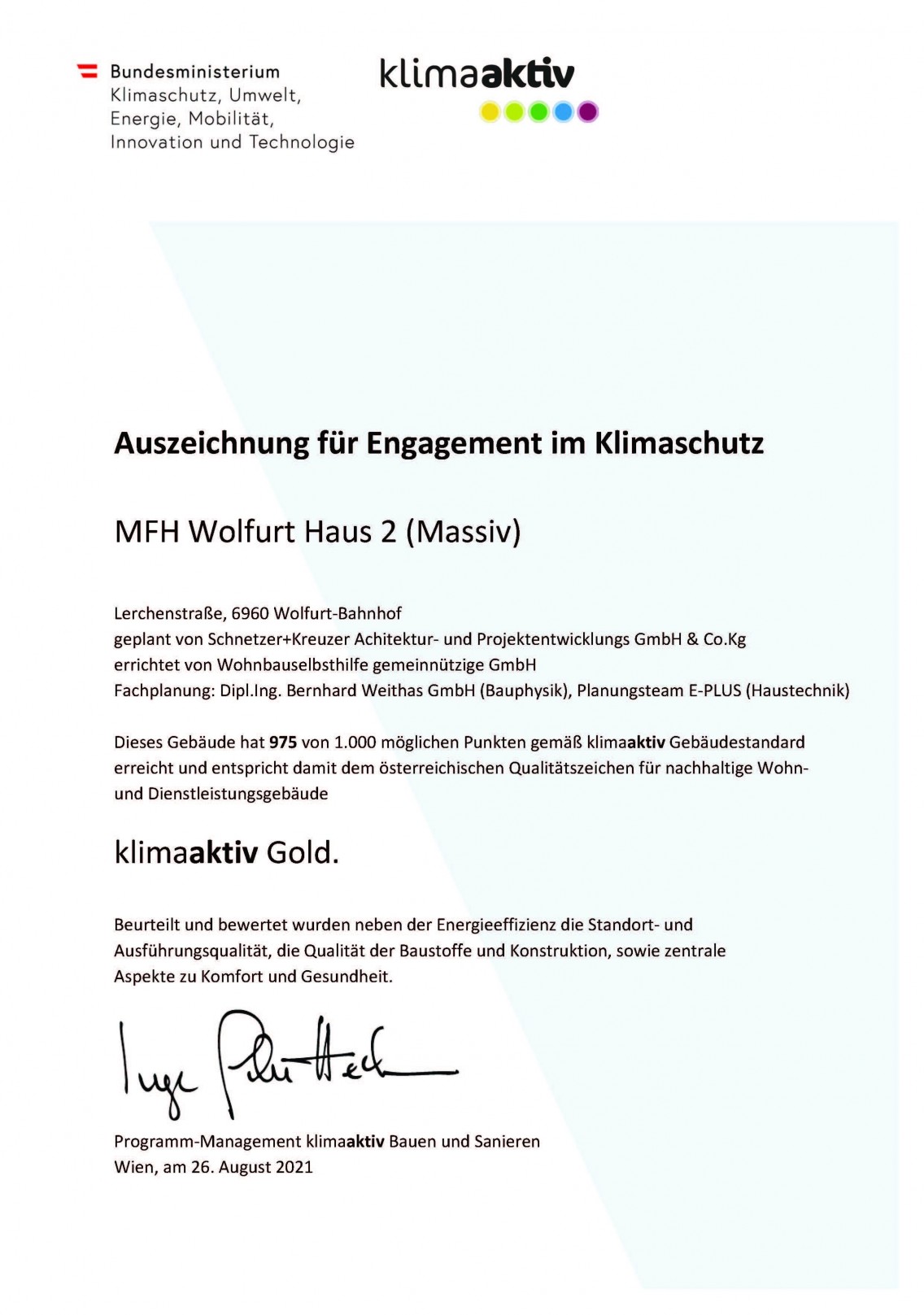 Auszeichnung für Engagement im Klimaschutz - MFH Wolfurt Haus 2 (Massiv)