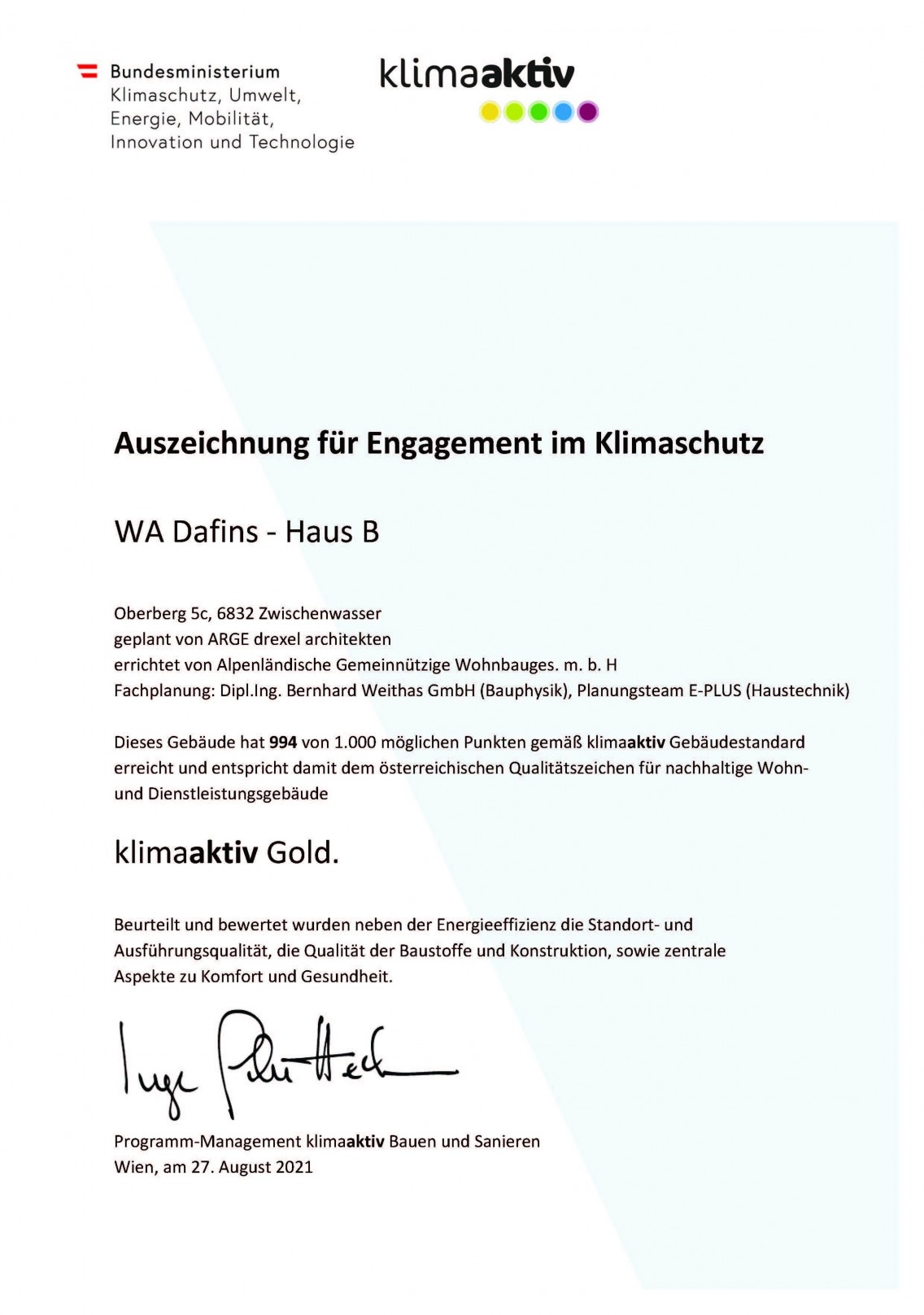 Auszeichnung für Engagement im Klimaschutz - WA Dafins - Haus B