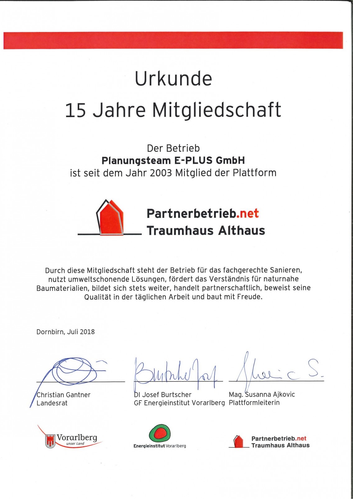 15 Jahre Mitgliedschaft bei Traumhaus Althaus